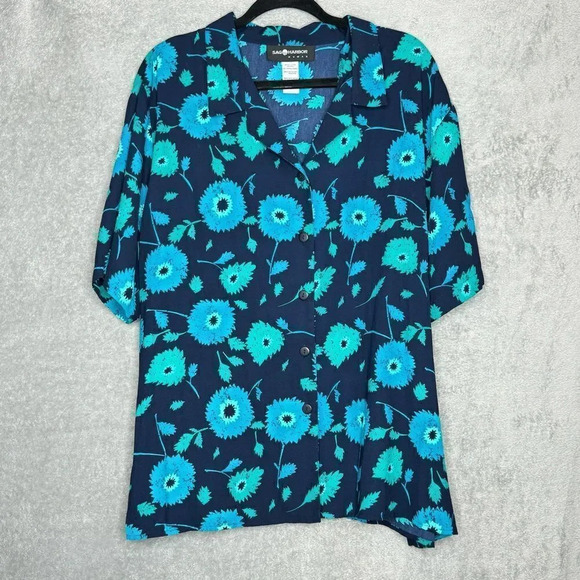 Sag Harbor Women’s Top 3X Blue Floral Button Up Short Sleeve V Neck Casual - Picture 1 of 6